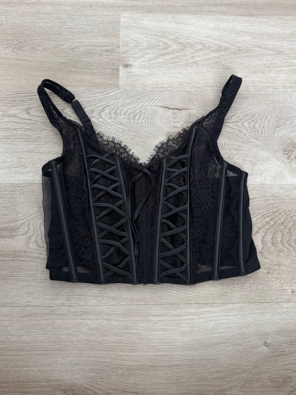 Black Lace Corset Bustier Top Sheer Mesh Lace Up Boned Y2K Goth